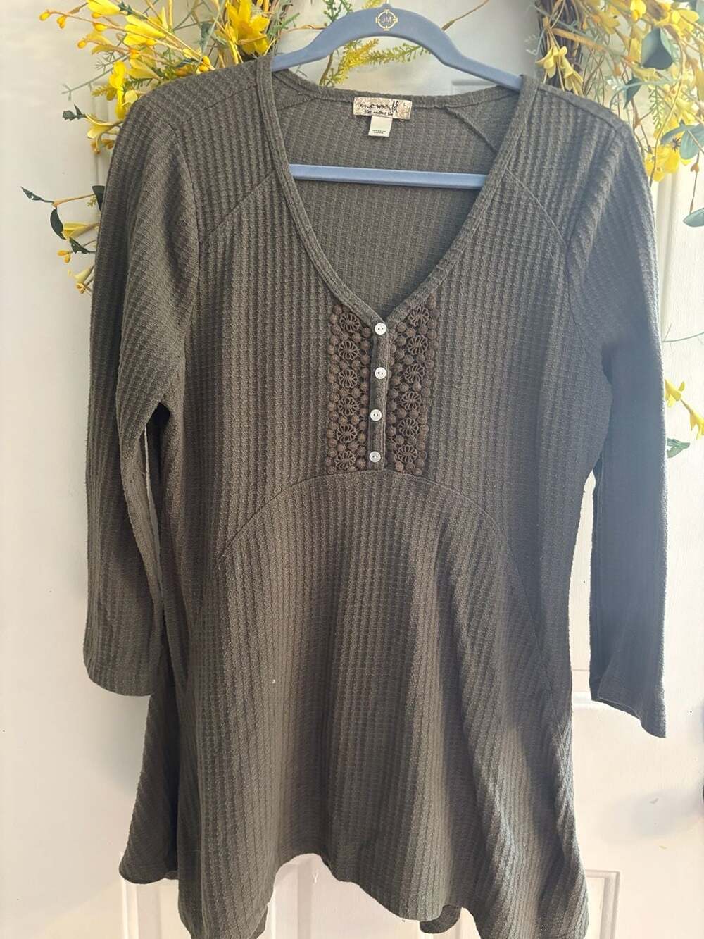 One World Live and Let Live Women's Olive Waffle Knit Henley Tunic with Crochet - Picture 2 of 4